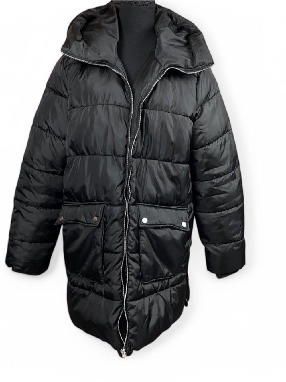 Sebby Black Quilted Long Puffer Coat with High Collar